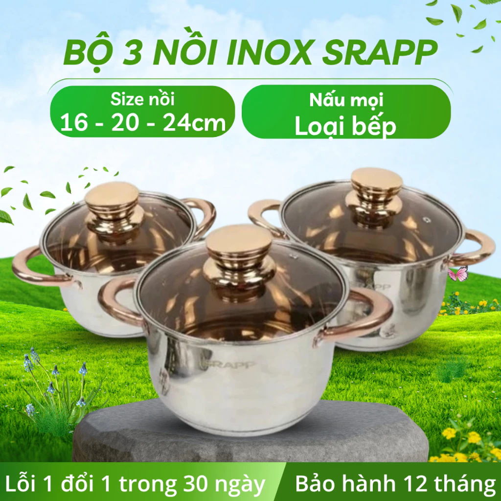 Bộ nồi 3 món Inox SRAPP SH-368, bộ nồi bếp từ 5 đáy cao cấp đường kính 16cm-20cm-24cm nấu mọibếp