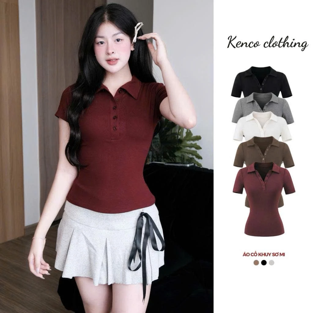 Áo Thun Nữ Cộc Tay Cổ Đức Khuy Cúc Ôm Body , Polo Cộc tay Cotton Mịn Thoáng Mát Top Women KENCO A2149