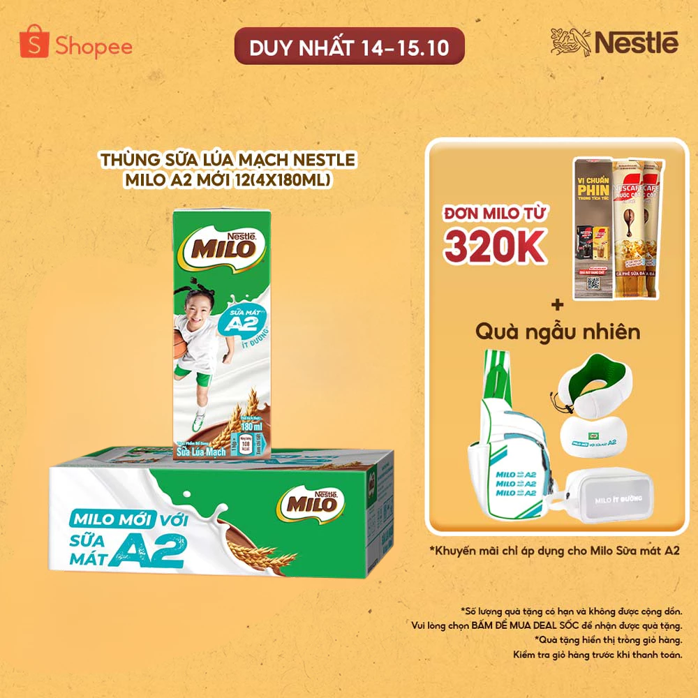 Thùng Sữa Lúa Mạch Nestle MILO A2 MỚI 12(4x180ml)