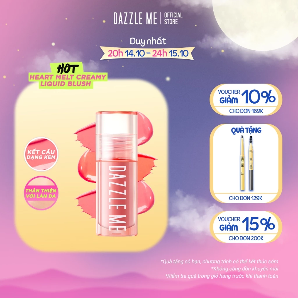 DAZZLE ME Kem Má Hồng Chống Thấm Nước Mồ Hôi Ửng Hồng Tự Nhiên Heart-Melt Creamy Liquid Blush 2.5g