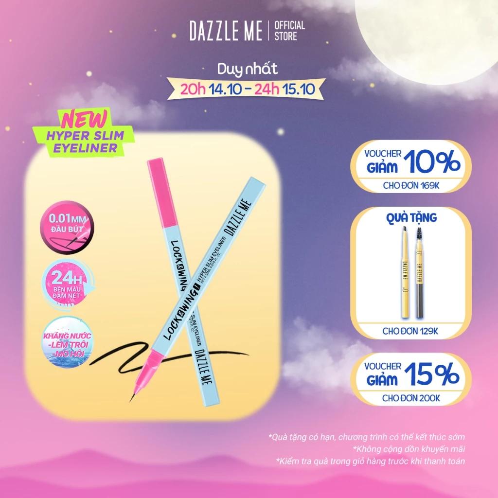 Bút kẻ mắt siêu mảnh DAZZLE ME Lock & Wing! Hyper Slim Eyeliner đầu cọ mềm chống nước 0.55ml
