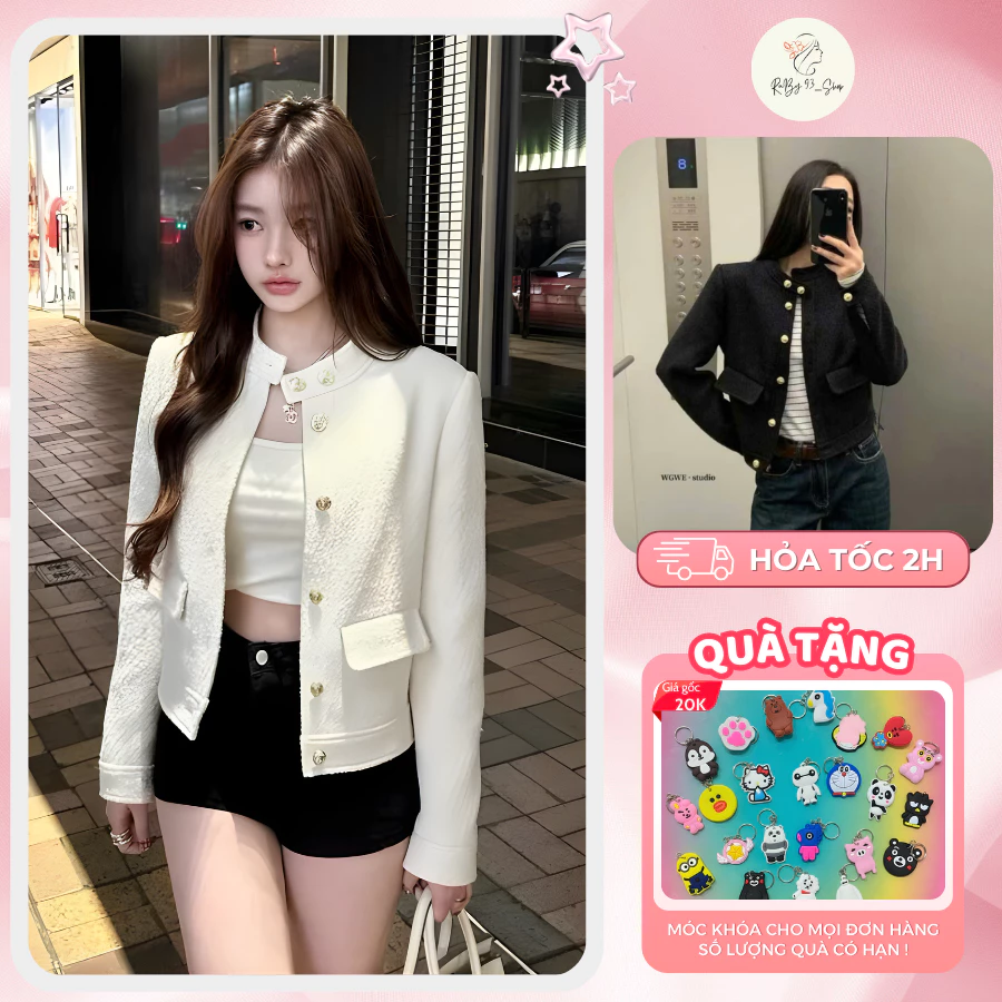 Áo khoác nữ dạ tweet phối cúc đồng cổ trụ 2 lớp tiểu thư sang chảnh, áo khoác dạ