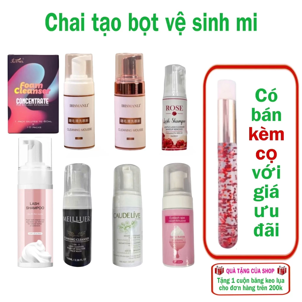 Chai tạo bọt vệ sinh mi Rose 60ml, Meilluer 100ml và Caudelive 100ml (dụng cụ nối mi)