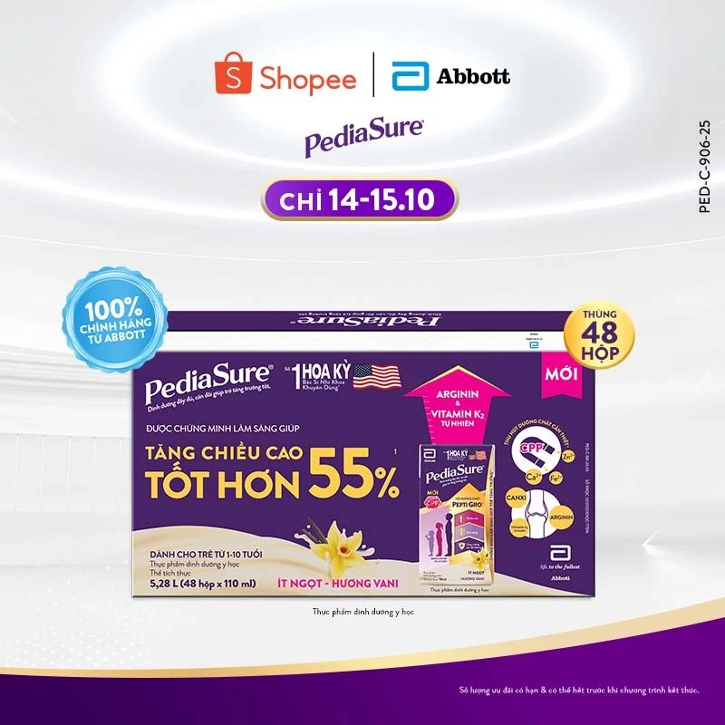 Thùng 48 Hộp Sữa nước Pediasure Vani ít ngọt 110ml/hộp (bao bì thay đổi theo từng đợt nhập)