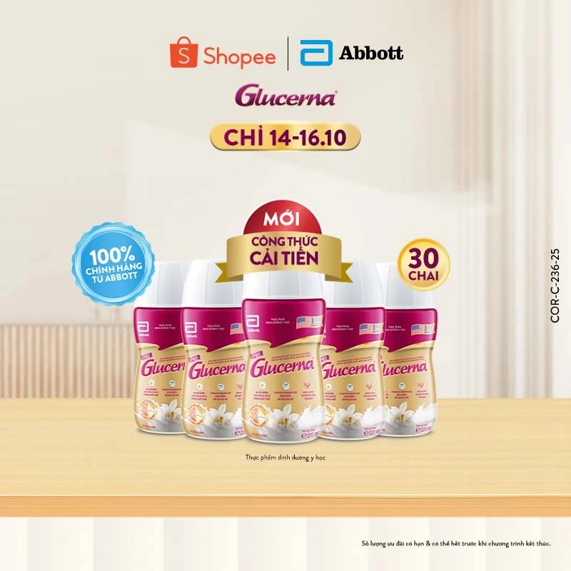Thùng 30 chai sữa nước Glucerna uống liền tiện lợi 220ml (mẫu thùng thay đổi tùy từng đợt nhập hàng)