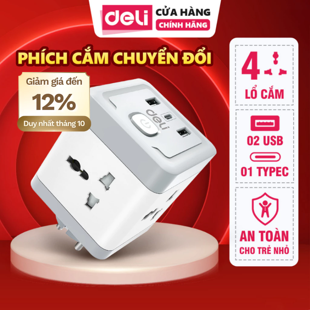 [VOUCHER 30K] Ổ Chia Điện Deli 4 Chấu, Ổ Cắm Mở Rộng Tích Hợp Cổng USB &TypeC Tiện Lợi, Chống Giật An Toàn Cho Trẻ