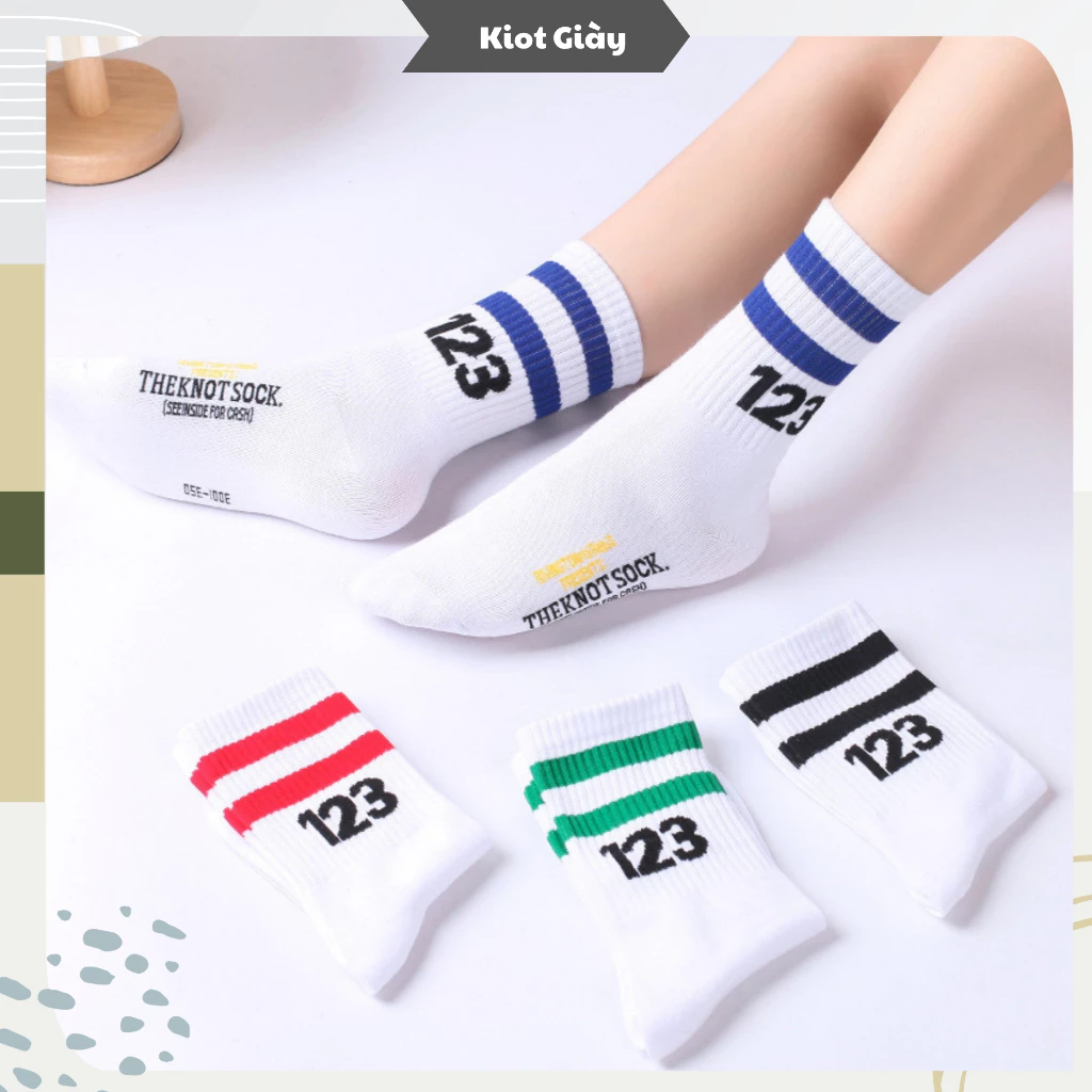 Tất cao cổ số 123 nam nữ - Vớ cao cổ rrr123 viền kẻ màu phong cách thể thao streetwear