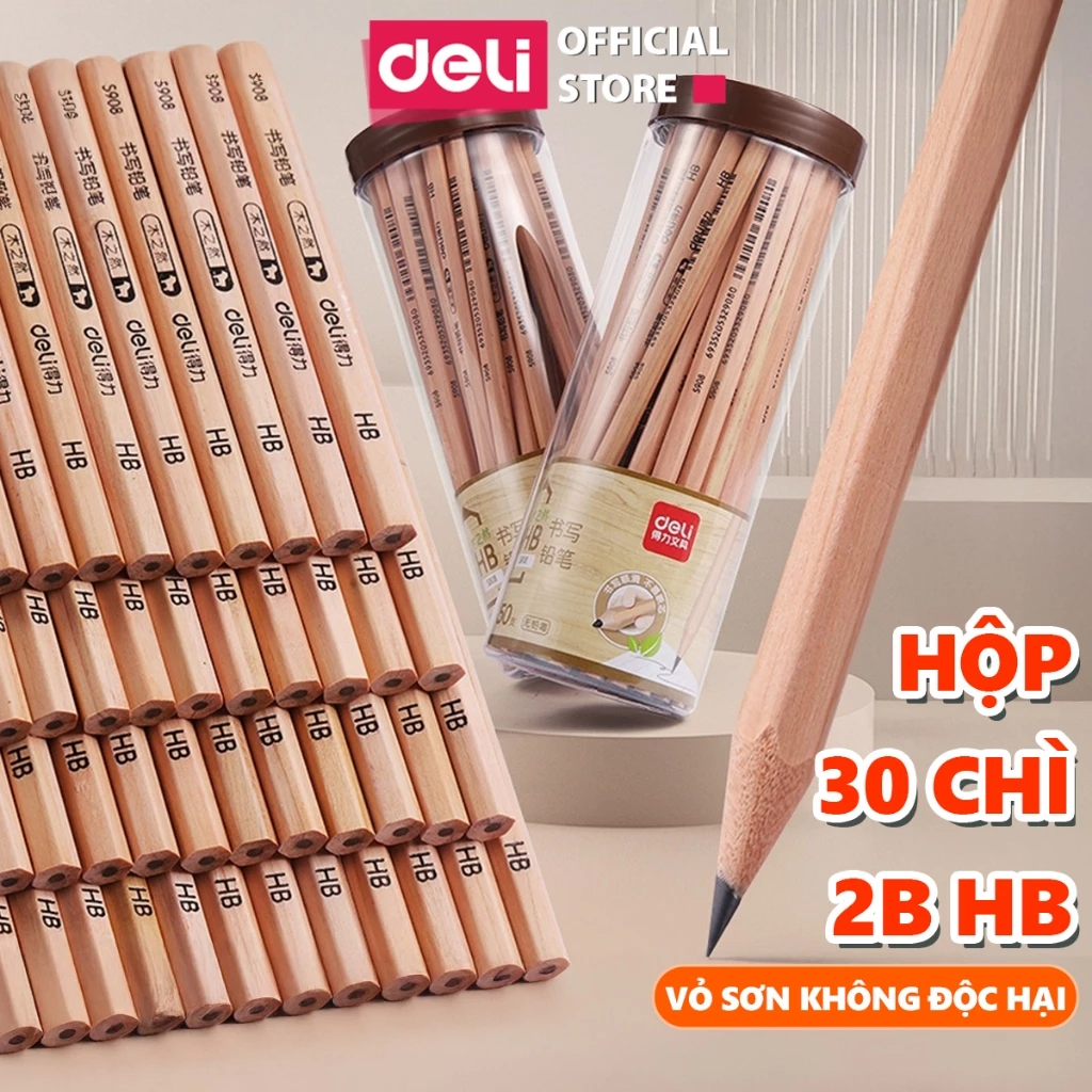 Hộp Vỉ 30 Bút Chì Gỗ 2B HB Deli Lục Giác Tam Giác Chống Trơn Trượt - Bút Chì Tập Viết Cho Bé Viết Chì Vẽ Phác Thảo