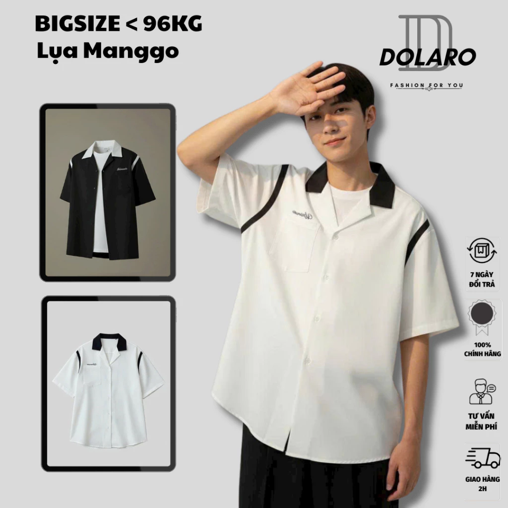 Áo Sơ Mi Nam Cộc Cổ Vest DOLARO Chất Lụa Manggo Cao Cấp, Sơ Mi phối màu BIGSIZE 2 màu Đen Trắng Hot