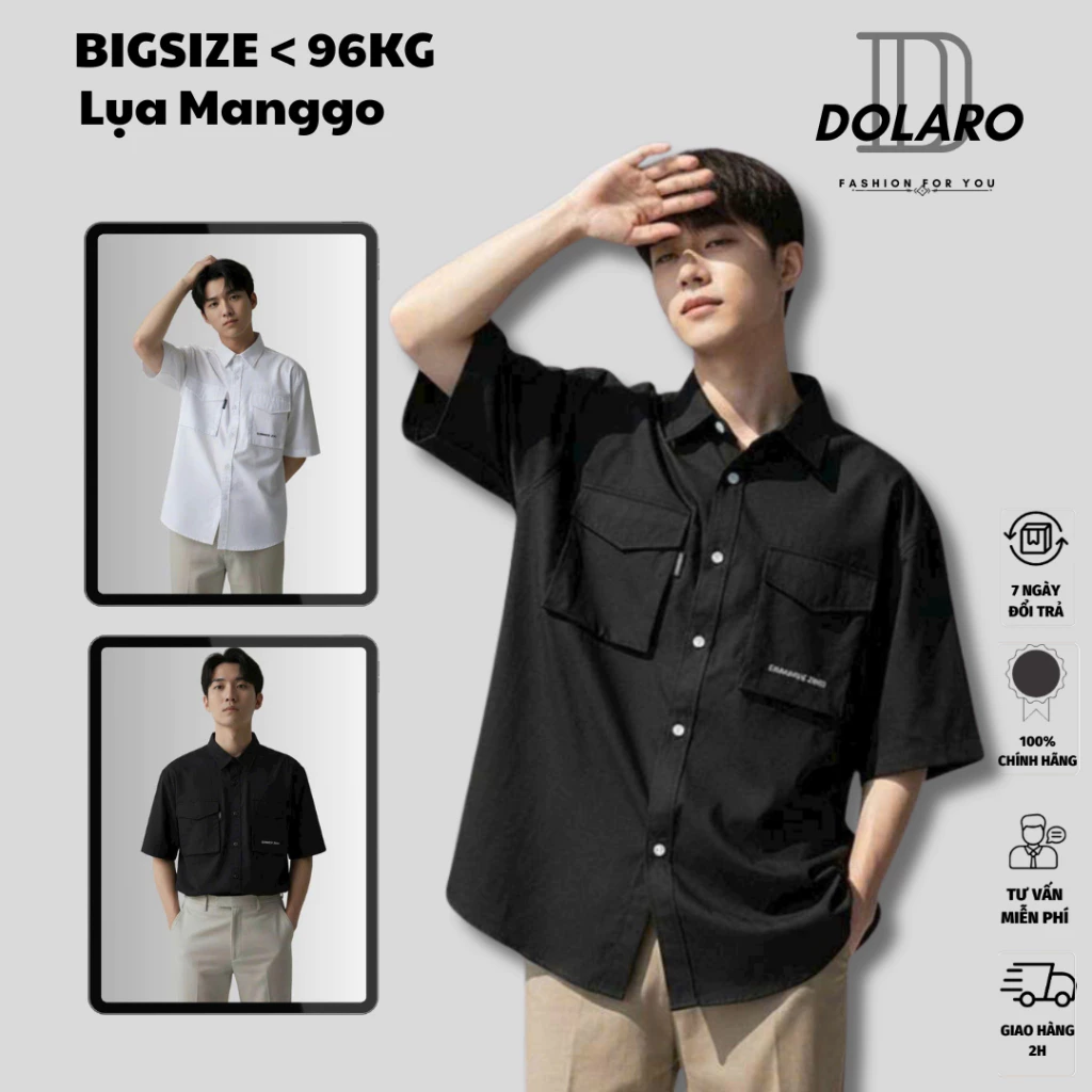 Áo Sơ Mi Nam Tay Ngắn Phối Túi DOLARO Chất Lụa Manggo Đứng Form, Sơ Mi Bigsize Cặp Đôi Đi Học Đi Chơi