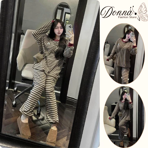 Set đồ nữ DONNA HCOM3538 thu đông kẻ ngang chất thun mềm mịn, đồ bộ nữ tay dài basic trẻ trung