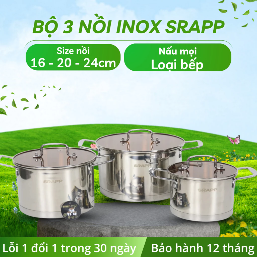 Bộ 3 nồi ionx chính hãng SRAPP SH-805, sản phẩm bền bỉ, an toàn và thẩm mỹ - Size 16cm, 18cm và 20cm
