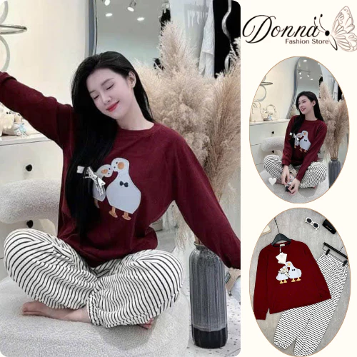 Set đồ nữ DONNA HCOM3506 chất nỉ in hoạ tiết dễ thương mix quần suông kẻ ngang, đồ bộ nữ đáng yêu