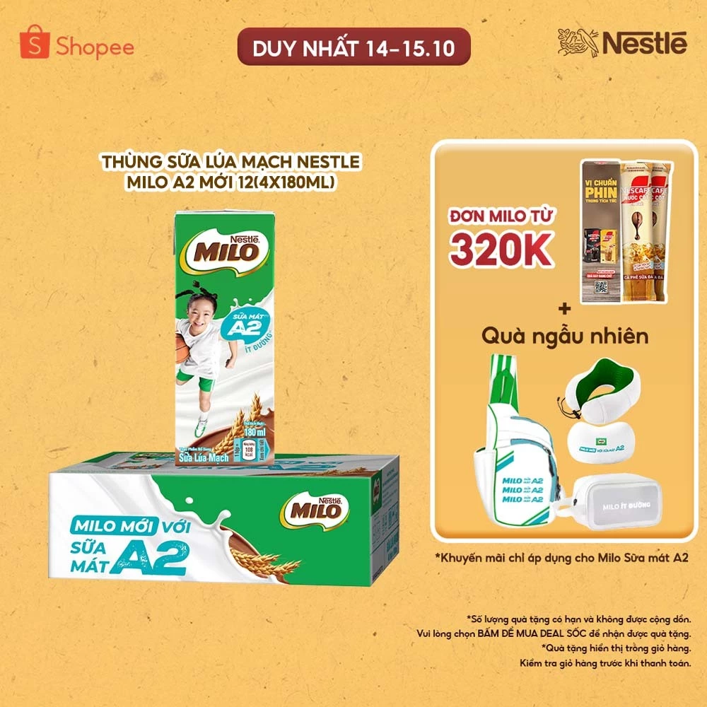 Thùng Sữa Lúa Mạch Nestle MILO A2 MỚI 12(4x180ml)