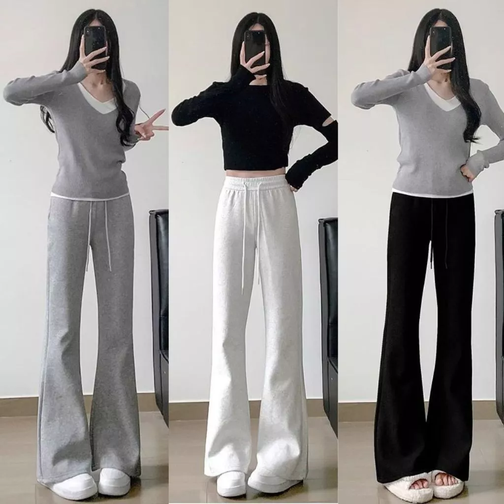 Quần Nỉ ống Loe Nữ MIAA vải nỉ 2da cạp chun DÂY RÚT form ôm chất nỉ dày dặn màu xám đen đủ size