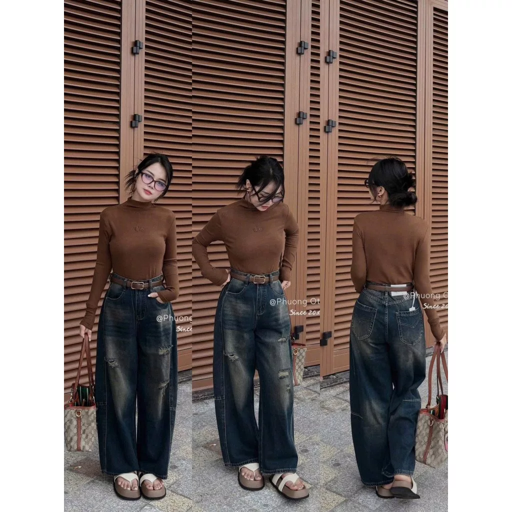 Quần Bò Jeans Nữ Ống Rộng, Quần Bò Denim Suông Ống Rộng Trơn Màu Xanh Bụi Rách Cạp Cao Siêu Hách Dáng Cực Đỉnh