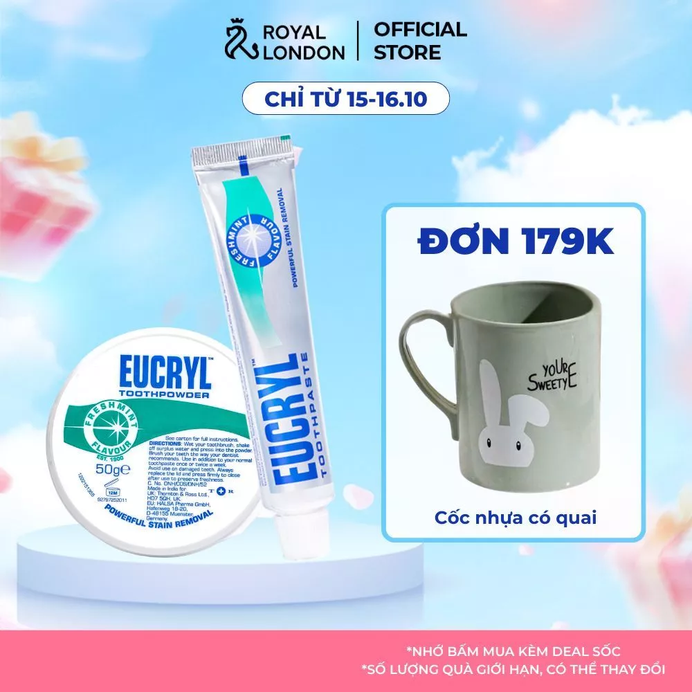 Combo Kem đánh răng Eucryl 62g + Bột tẩy trắng răng Eucryl 50g