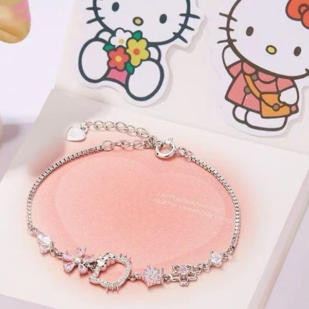 Balltest🎨Vòng tay Sanrio Hello Kitty kim cương hồng hình hoa anh đào dễ thương, có thể điều chỉnh thời trang