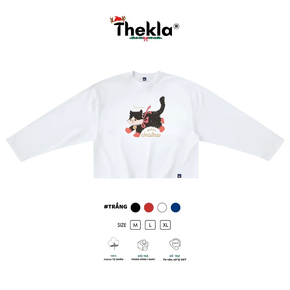 Áo Boxy Dài Tay THEKLA BST228 Mèo Xinh Xắn - Áo Thu Đông Cotton 4 Chiều Dày Dặn Co Giãn Streetwear
