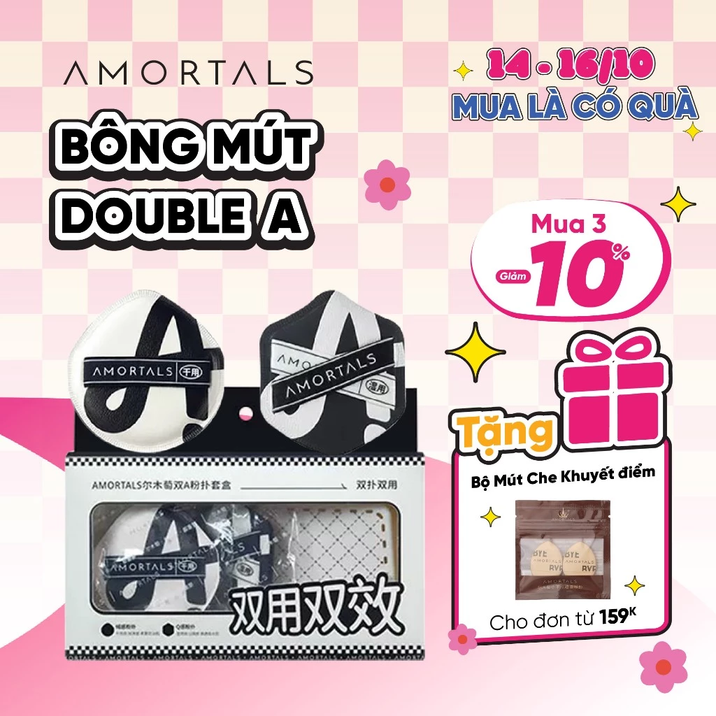 Bông Mút Trang Điểm AMORTALS AA - Tán Nền Siêu Mướt, Dùng Khô & Ướt, Kèm Hộp Đựng Vệ Sinh
