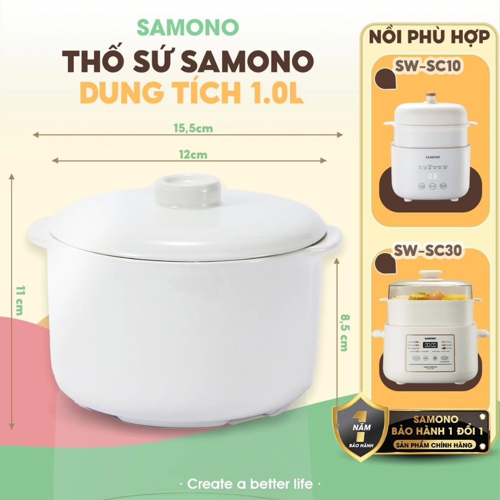 Thố Sứ Nồi Nấu Chậm Samono SW-SC10 dung tích 1 Lít - thố lẻ thay thế
