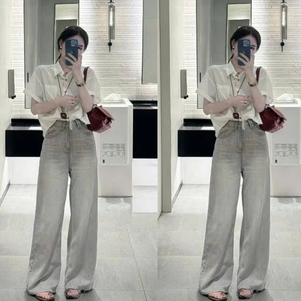 Quần jeans nữ ống rộng lưng cao màu khói ánh bạc chất bò dày dặn kiểu dáng thời trang mã QS40