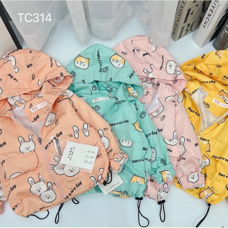 Áo khoác gió có mũ cho bé trai và bé gái họa, áo gió 2 lớp họa tiết hoạt hình xinh yêu, size từ 10 đến 22kg