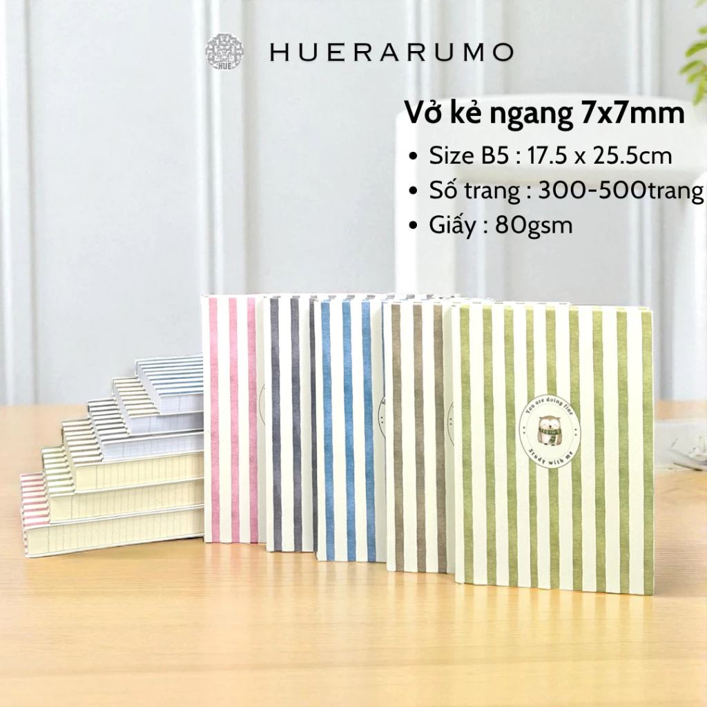 Vở Kẻ Ngang B5 HUERARUMO 300–500 Trang, Bìa Bồi Cứng, Giấy viết 80gsm – Vở Ôn Thi, ghi chép dài hạn.