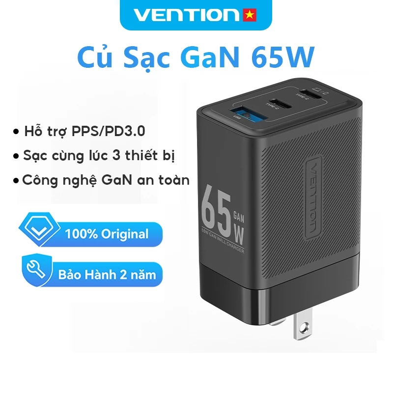 Củ Sạc GaN 65W Vention Tích Hợp PD 3.0 & QC4 Nhỏ Gọn - Sạc Nhanh Cho 14/15/16/17, Samsung,Máy Tính