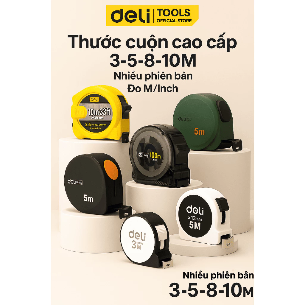 Thước Cuộn Dây Thép Deli Cao Cấp Siêu Bền 3M / 5M / 8M / 10M Đo Đạc Chính Xác Nhiều Phiên Bản