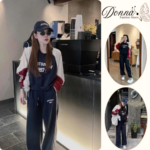 Set đồ nỉ nữ DONNA HCOM3311 thu đông cổ tròn phối 2 màu đỏ trắng, đồ bộ nữ phong cách Hàn Quốc