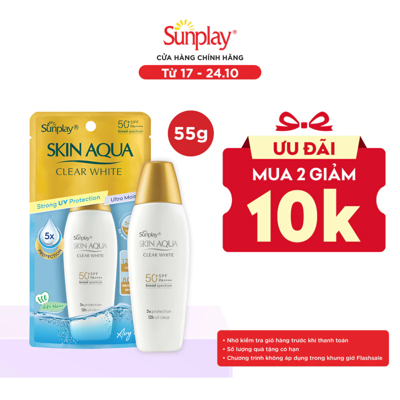 Kem chống nắng dưỡng trắng, kiểm dầu dùng mỗi ngày dạng sữa Sunplay Skin Aqua Clear White Eco Việt Nam SPF50, PA++++ 55g