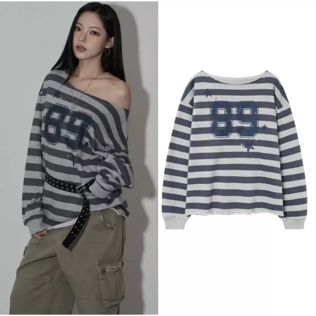 Hàn Quốc mua hộ áo thun midnightmove sọc rộng hở vai dài tay áo cho nữ lộ vẻ gầy