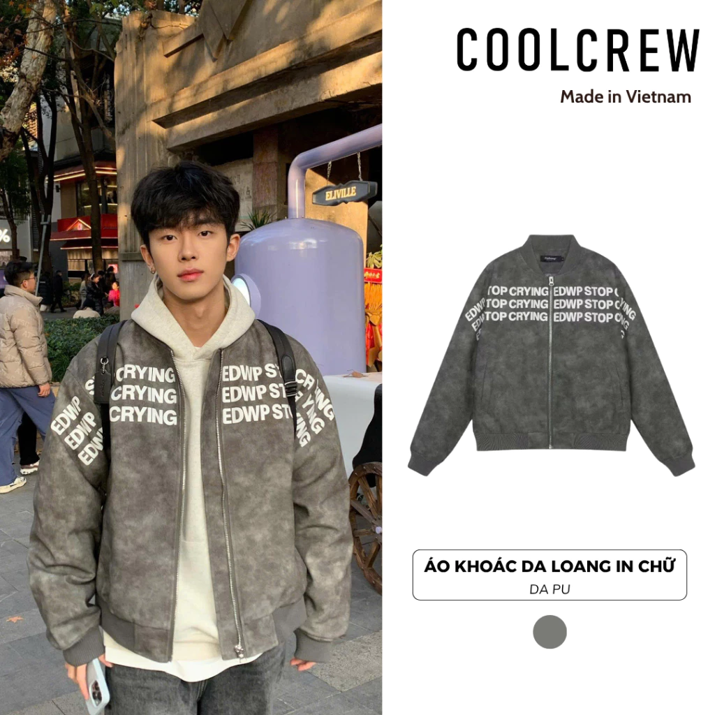 Áo Khoác Da Loang Xám đen nam nữ unisex 𝐂𝐎𝐎𝐋𝐂𝐑𝐄𝐖 da PU in chữ nổi AKD064