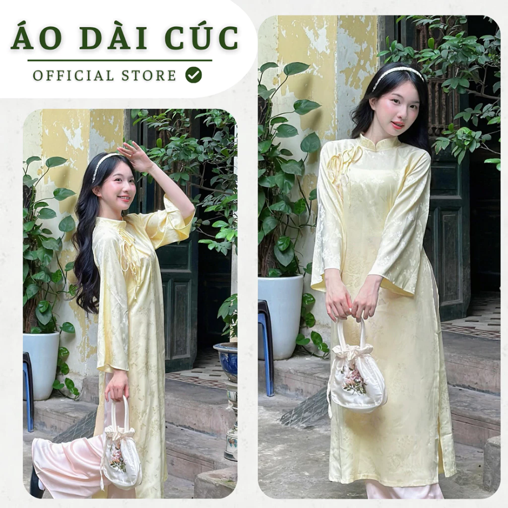 Áo dài cách tân dáng suông DIỆP HOA, chất liệu gấm cao cấp có nơ cách điệu - Áo Dài Cúc