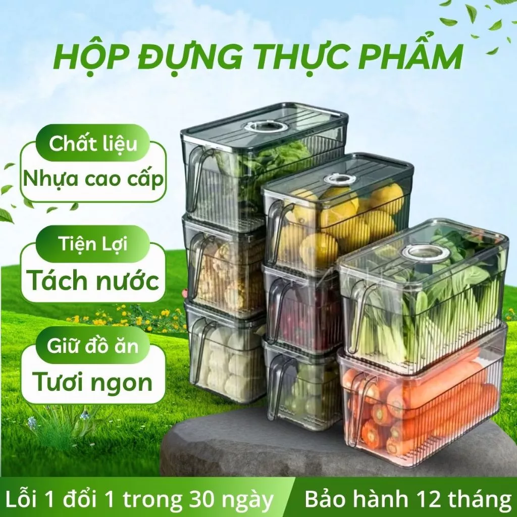 Hộp đựng thực phẩm có tay cầm, hộp bảo quản tủ lạnh tươi ngon có nắp đậy tách nước tiện lợi
