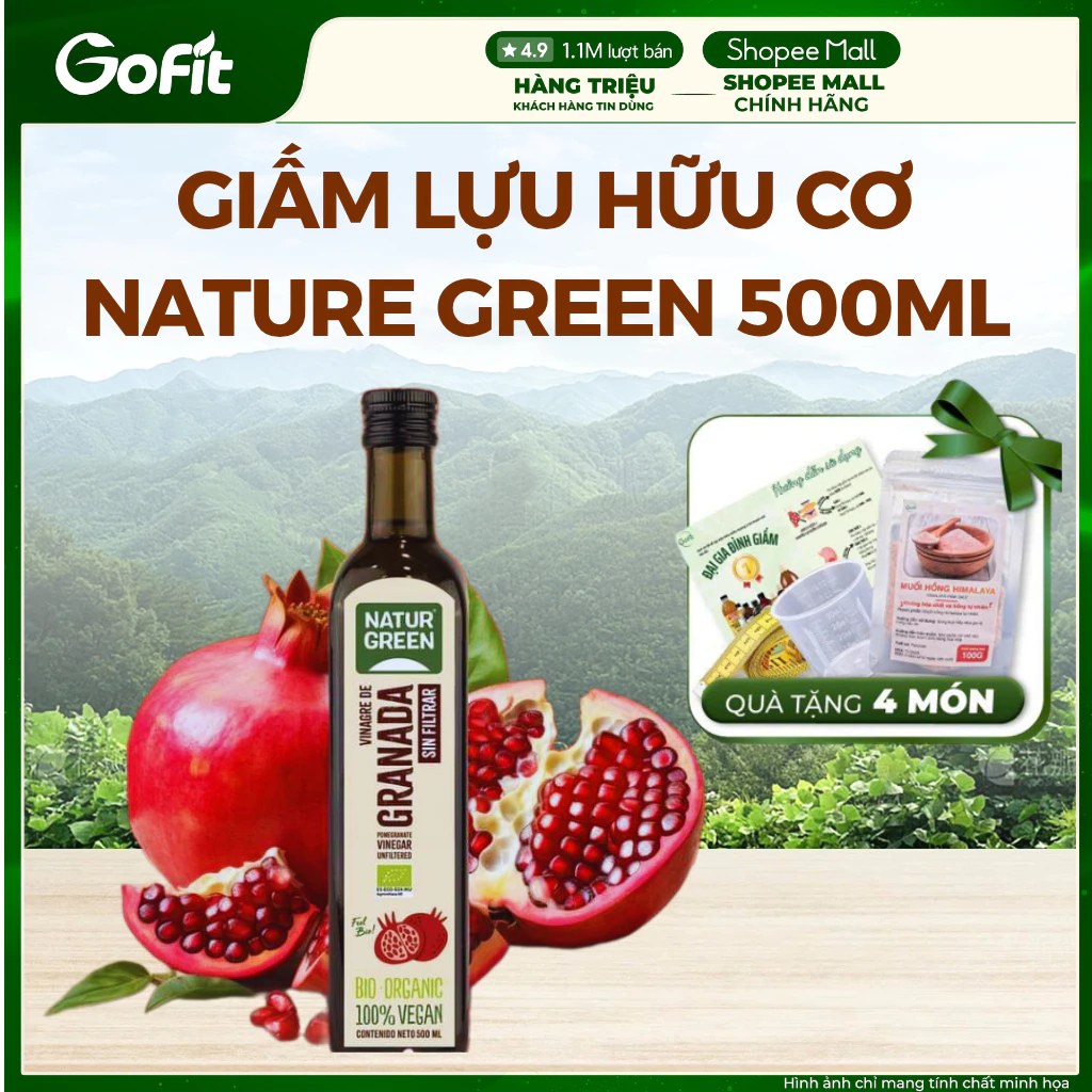 GIẤM LỰU HỮU CƠ Tây Ban Nha Nature Green chai 500ML, Có Giấm Cái, Organic Pomegranate Vinegar Bio Nature Green