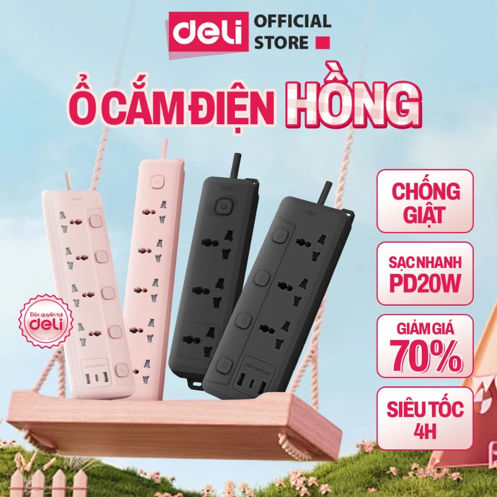 [TRỢ GIÁ] Ổ Cắm Điện Mẫu Mới 2025 Deli Ổ ĐIện Đa Năng Chống Cháy Nổ 2500W Cổng Sạc USB/ TypeC Thông Minh