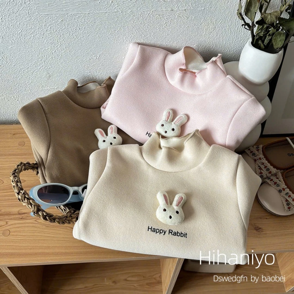 Áo giữ nhiệt gắn Thỏ Bông, áo dài tay thu đông chất liệu cotton nhung lông thỏ loại 1 mềm đẹp ấm áp cho bé gái 8-18kg