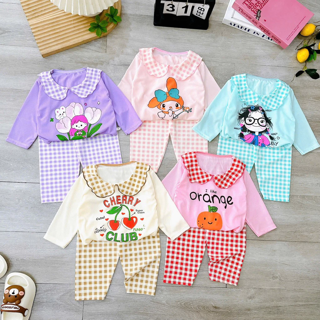 Combo 3b-5b cổ sen dài tay phối quần sọc dễ thương bé gái 5-16kg chất tăm lạnh mềm mát