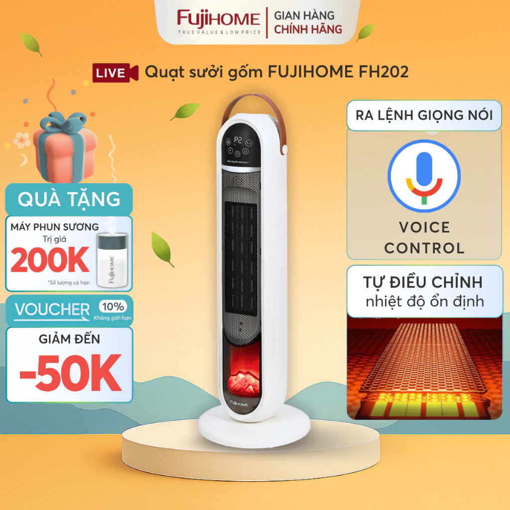 Máy sưởi gốm giọng nói thông minh FH202 FUJIHOME, Quạt sưởi nhanh không khô da hiệu ứng lò sưởi