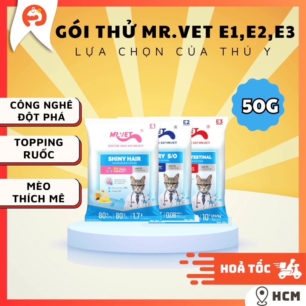 Gói Hạt Mr.Vet E1,E2,E3 Gói Thử 50g cho Mèo ở Mọi Lứa Tuổi-Có Topping Thịt Sấy