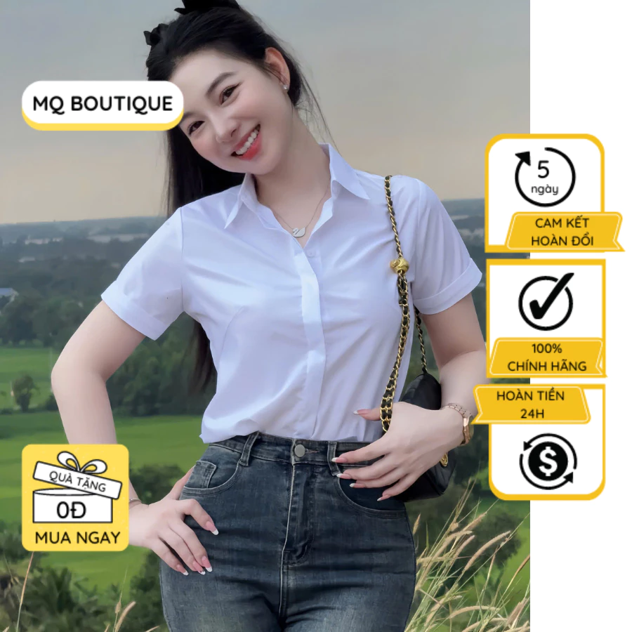 Áo sơ mi nữ trắng cộc tay cao cấp công sở màu trắng dáng cơ bản nẹp dấu cúc , áo sơ mi thiết kế MQ Boutique
