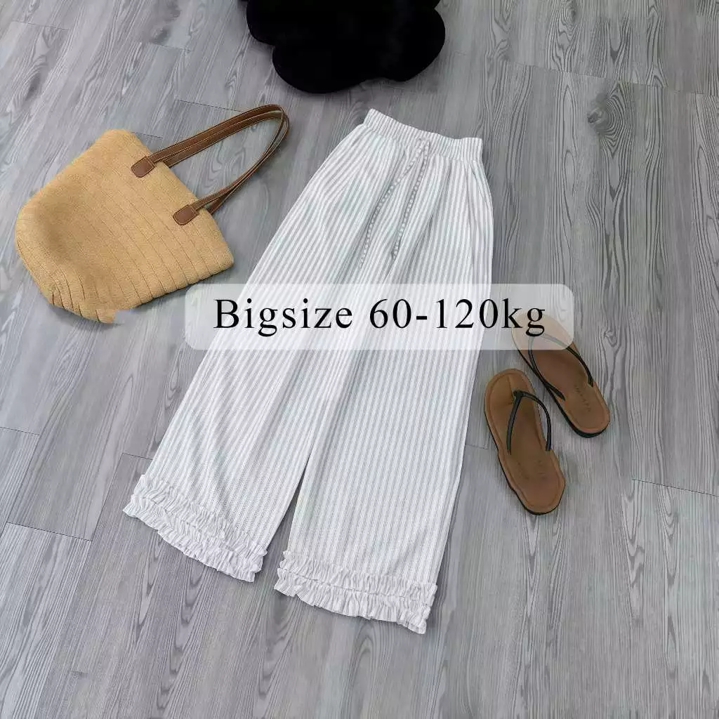 Quần Bò Giấy 120kg, Quần Suông Rộng Kẻ Sọc phối gấu bèo mặc xinh, Lưng chun siêu thoải mái BEO
