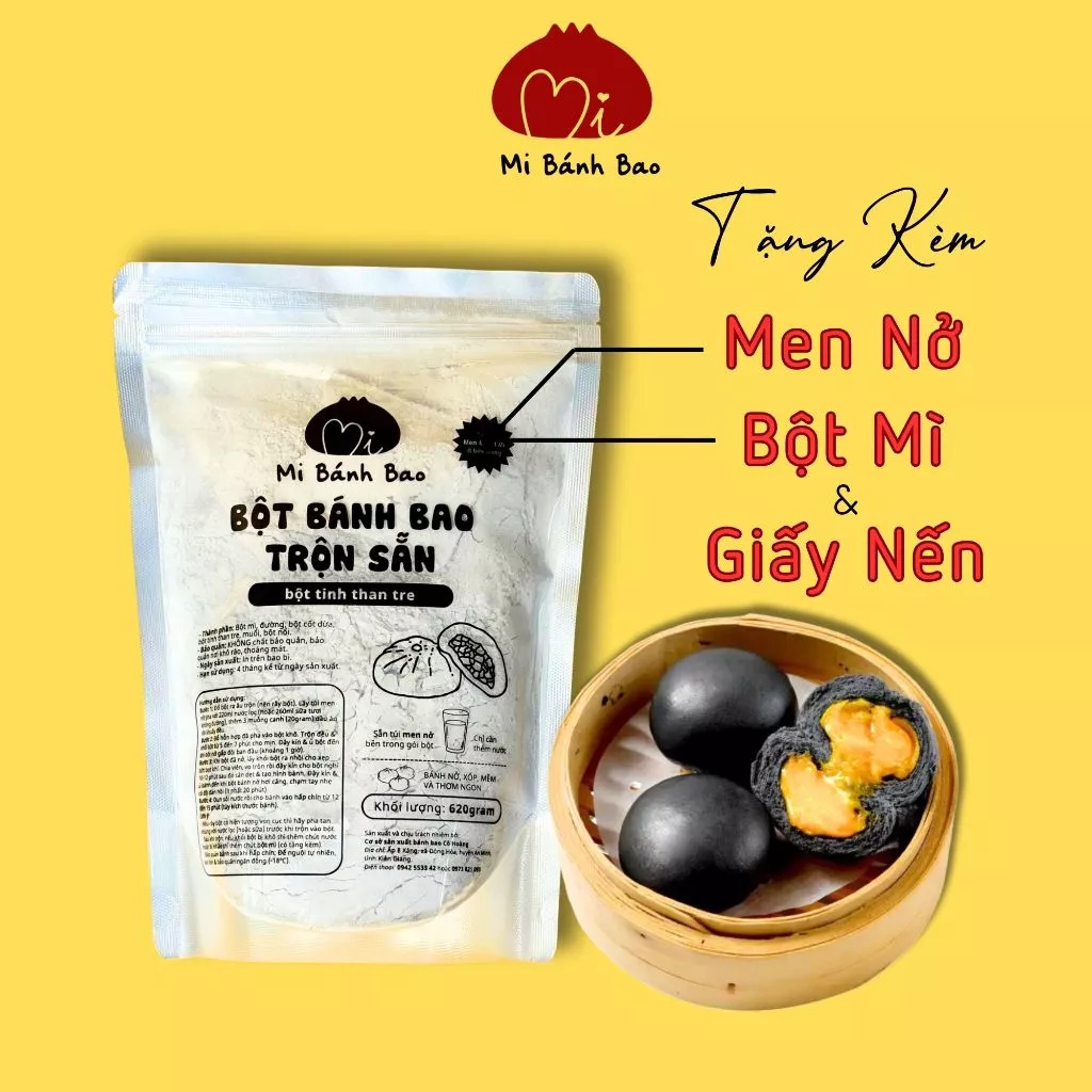 Bột Bánh Bao pha sẵn BỘT TINH THAN TRE 620g (Tặng Men nở, bột thấm tay & giấy lót bánh), Than Tre