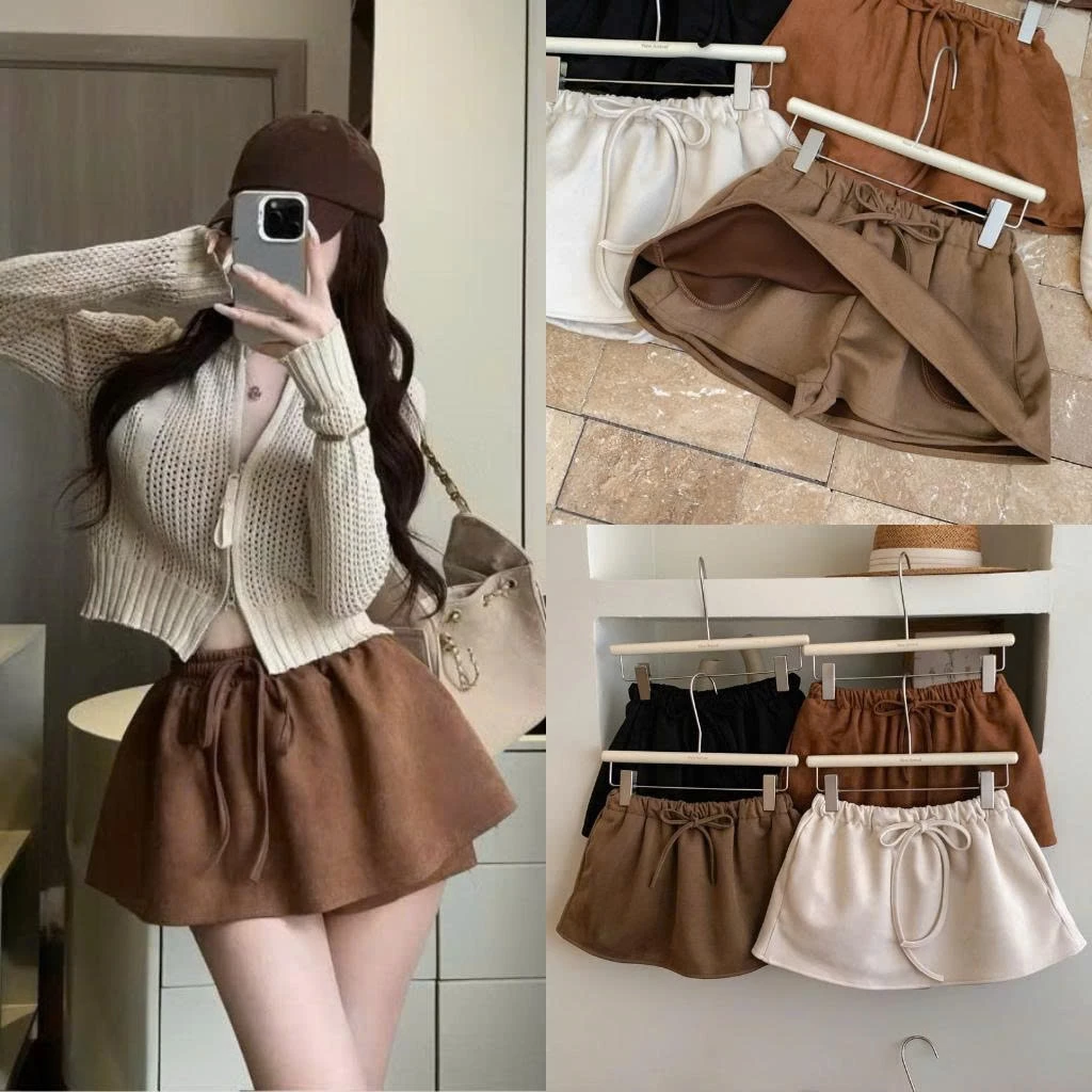 Chân váy da lộn có lót quần phối dây rút eo form basic đơn giản