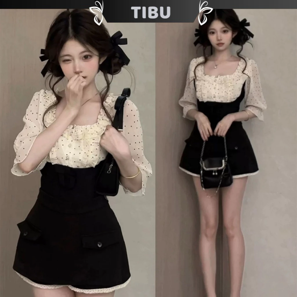 Set Áo Sơ Mi Chấm Bi Phối Quần TIBU Set Đồ Nữ Dễ Thương Đi Chơi Dạo Phố Thu Đông Hottrend B636