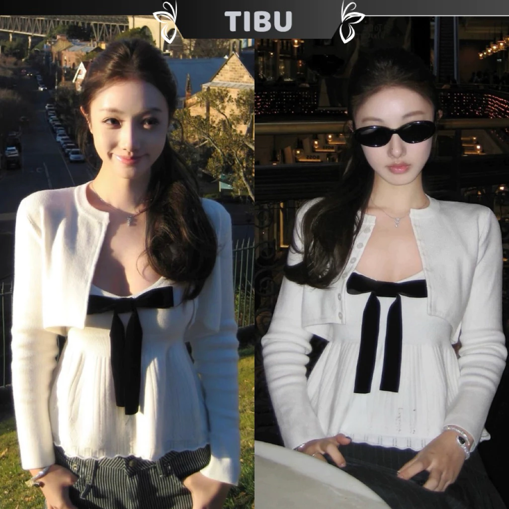 Set Áo Hai Dây Đính Nơ Phối Áo Cardigan TIBU Set Đồ Nữ Hai Món Xinh Xắn Dễ Thương Đi Chơi Dạo Phố B634