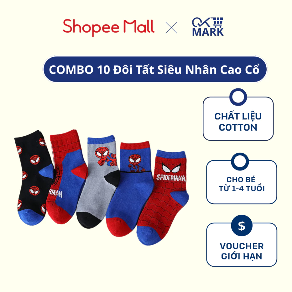 COMBO 10 Đôi Tất Cotton Cổ Cao Siêu Nhân Nhện Dành Cho Bé Trai Sợi Bông Mềm Mại Thoáng Khí Khử Mùi