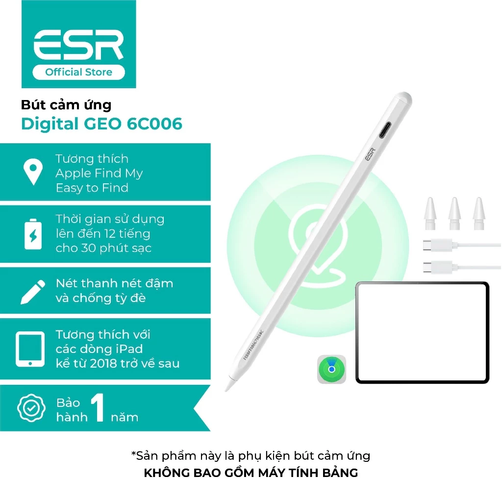 Bút cảm ứng ESR Digital Pencil GEO 6C006 dành cho iPd, tích hợp tính năng định vị, sạc nhanh